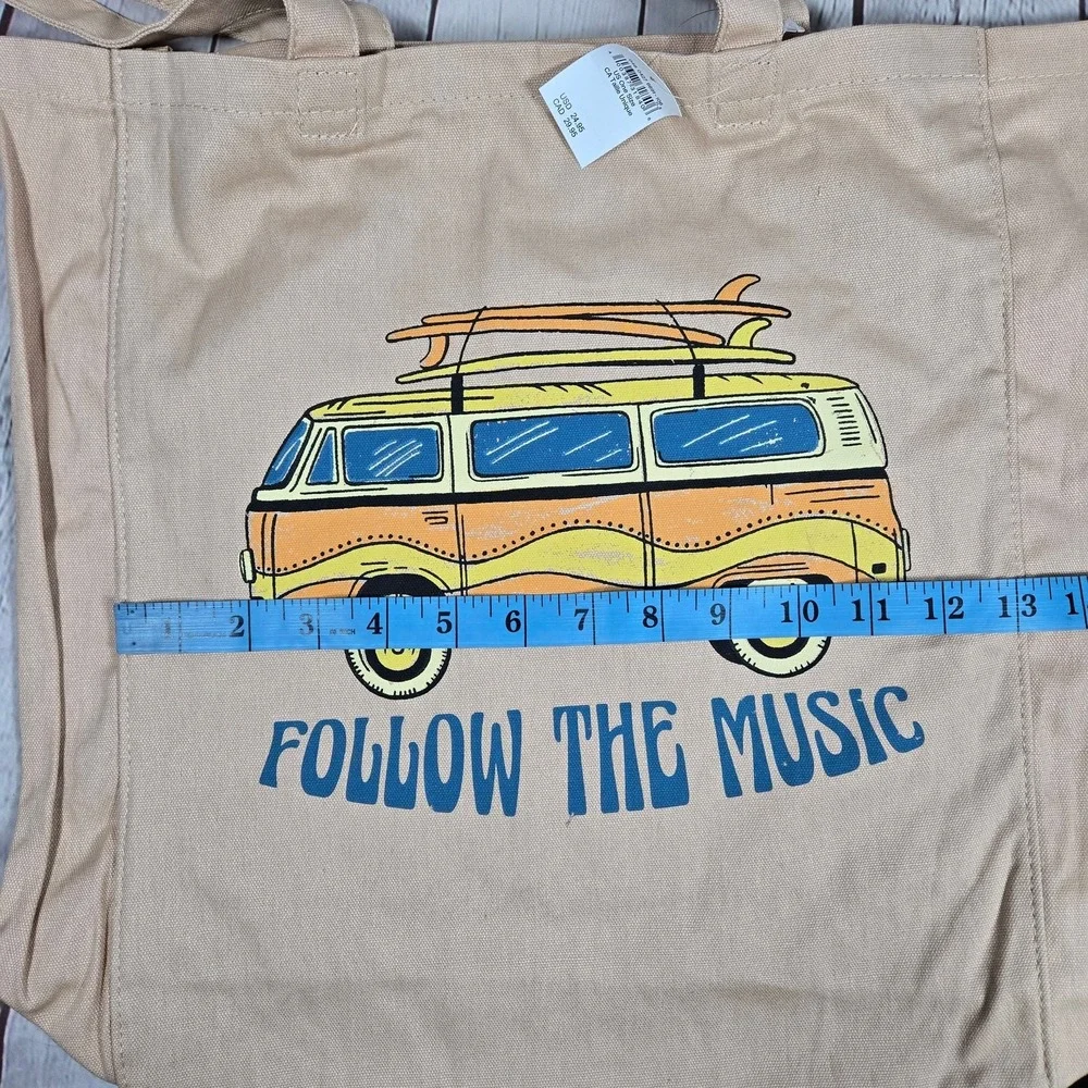 American Eagle Canvas Tote Bag Follow The Music Van Surfboard Graphic‎ Beige